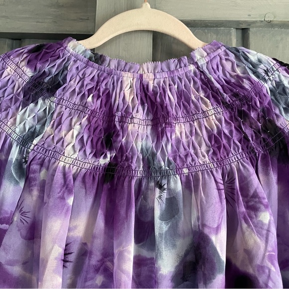 WHBM White House Black Market long sleeve smocked‎ blouse Luna floral pansy L - Picture 13 of 13